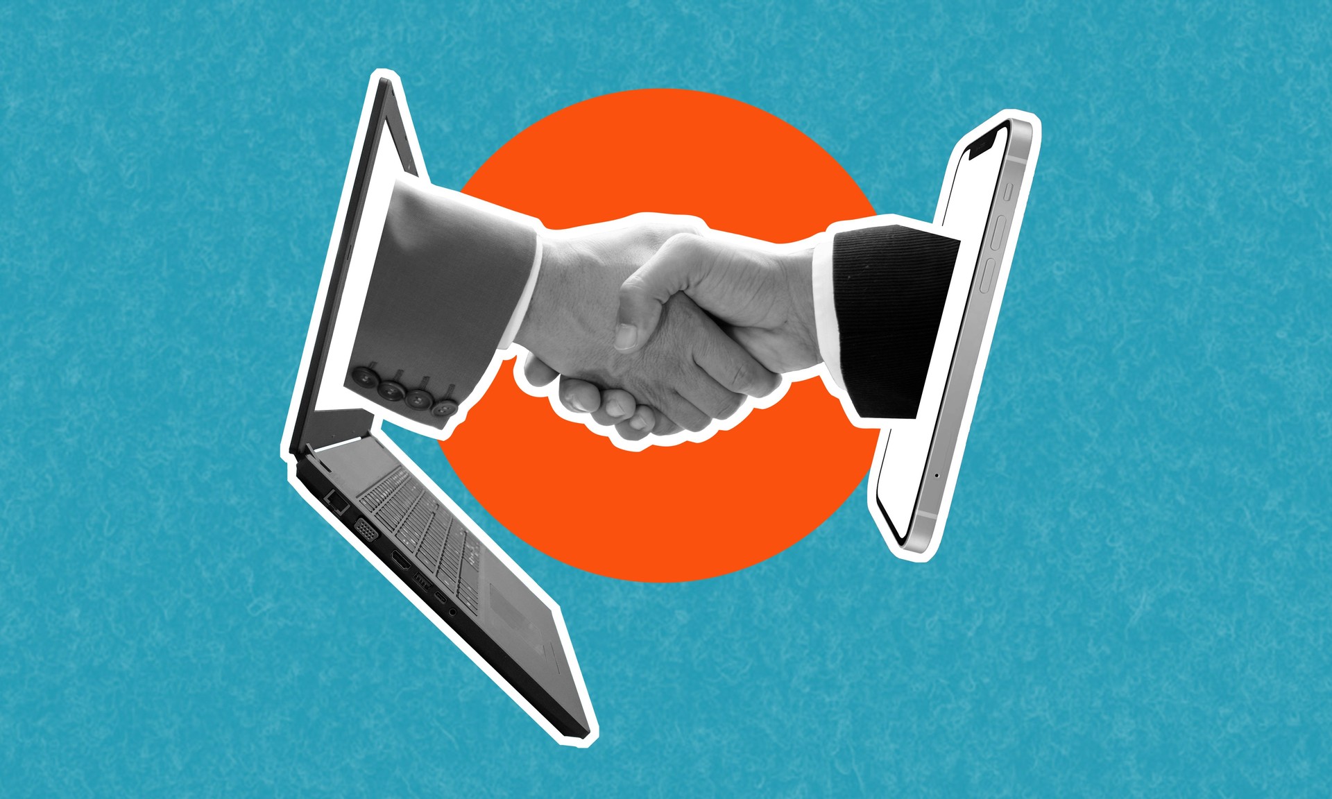 A transaction between two partners from a laptop and a smartphone.