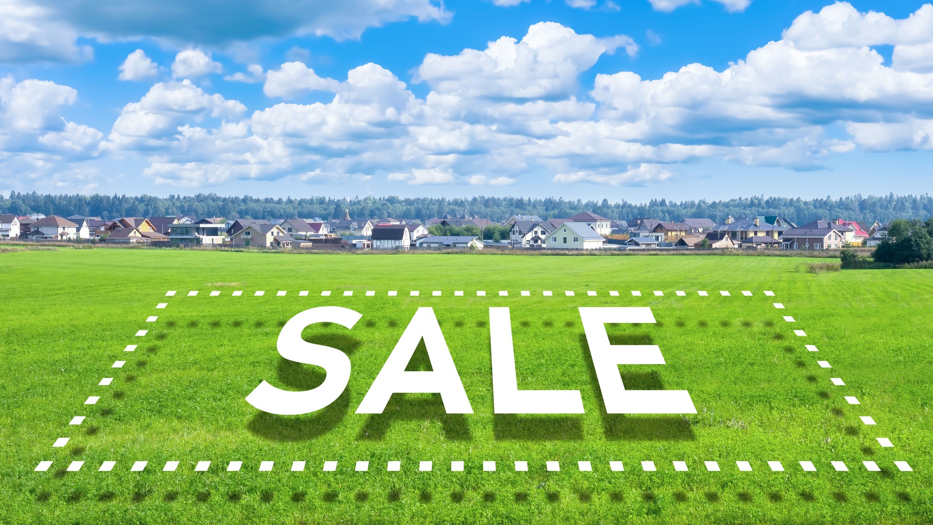 Sale land. Country land with inscription sale. Place to build house. Farm land. Rural landscape with inscription sale. Purchase territory for building house. Purchase territory for agricultural work