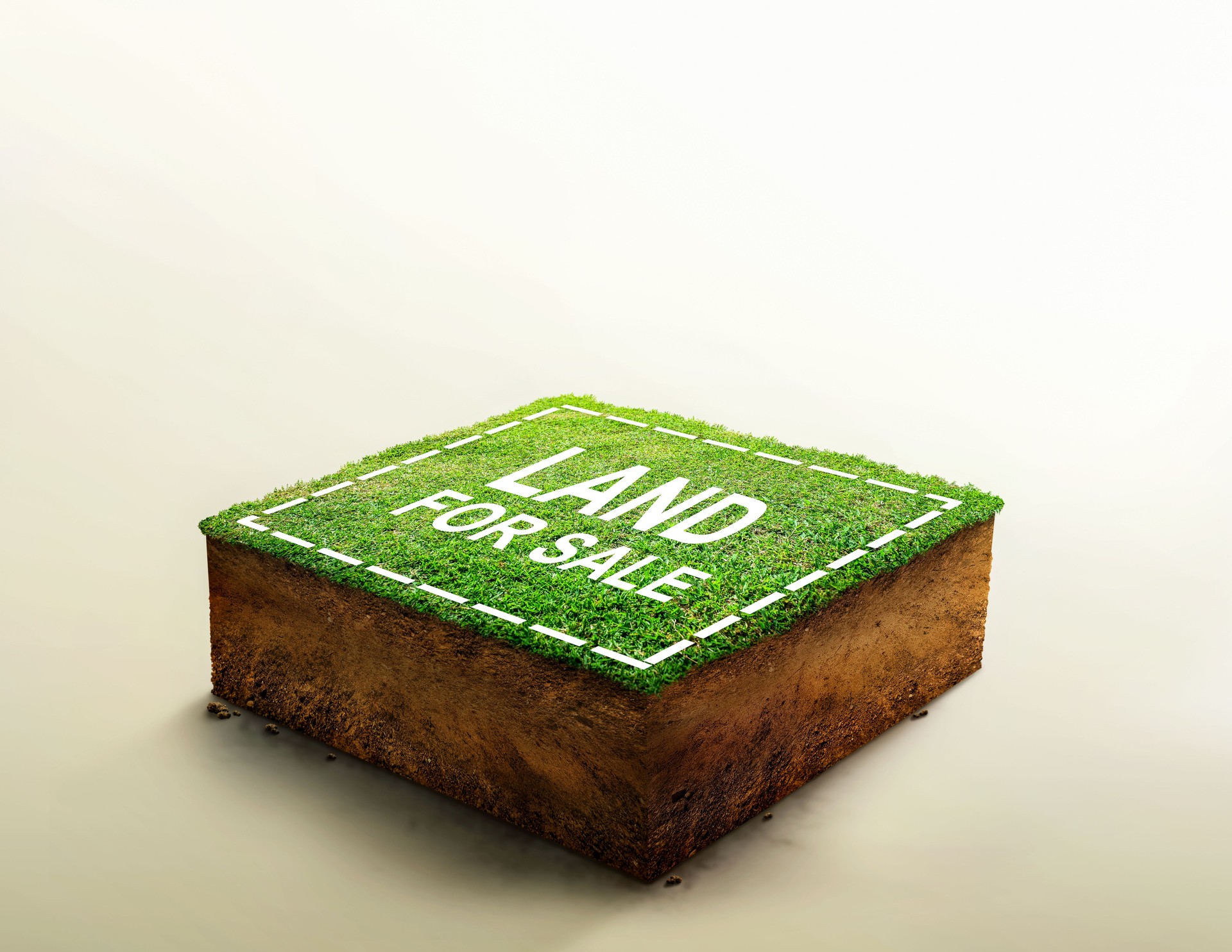 land for sale sign against lawn on cubicle soil and geology cross section with green grass, ground ecology isolated on light color.