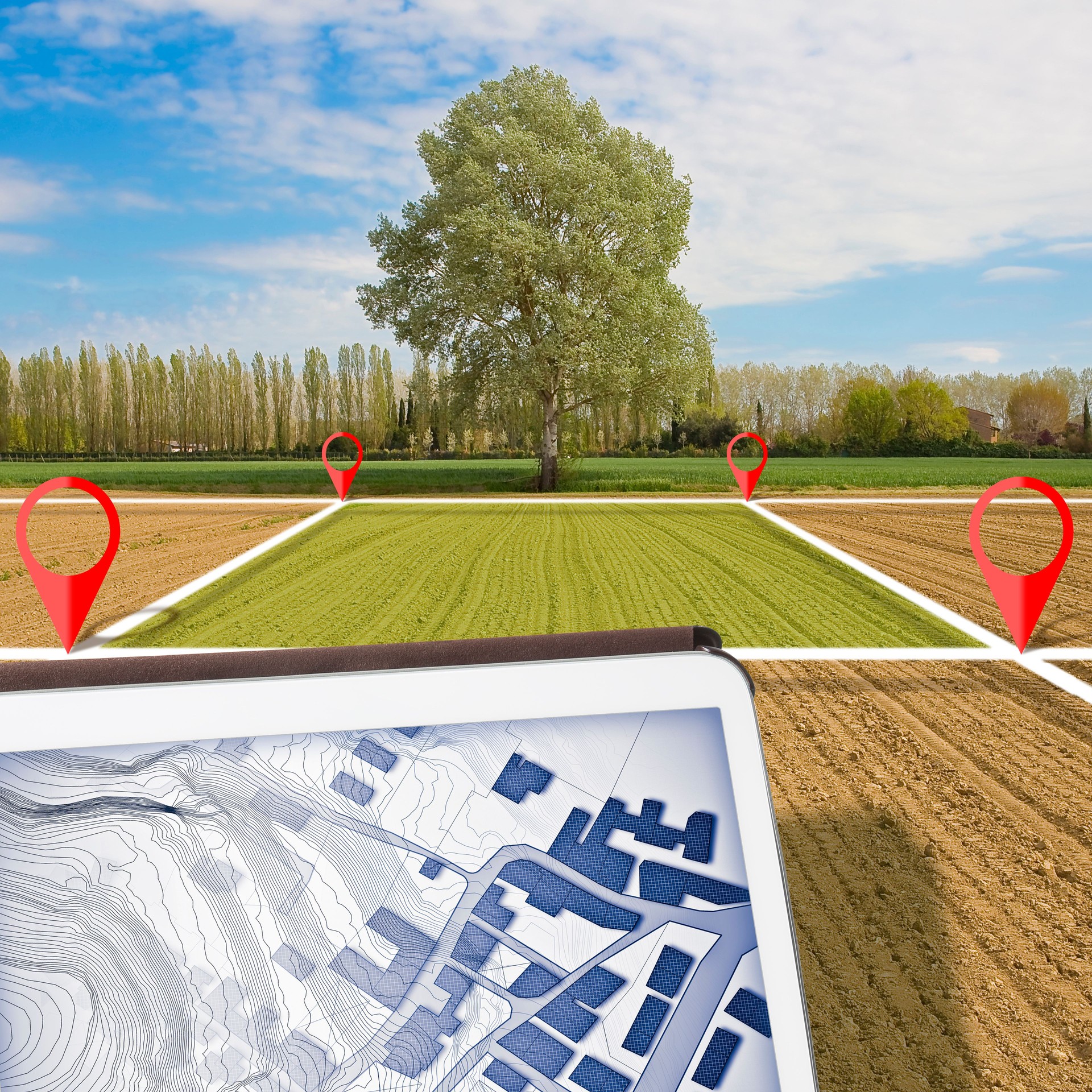 Land plot management - real estate concept with a vacant land on a green field available for building construction and housing subdivision in a residential area for sale - Digital tablet on foreground with an imaginary cadastral map